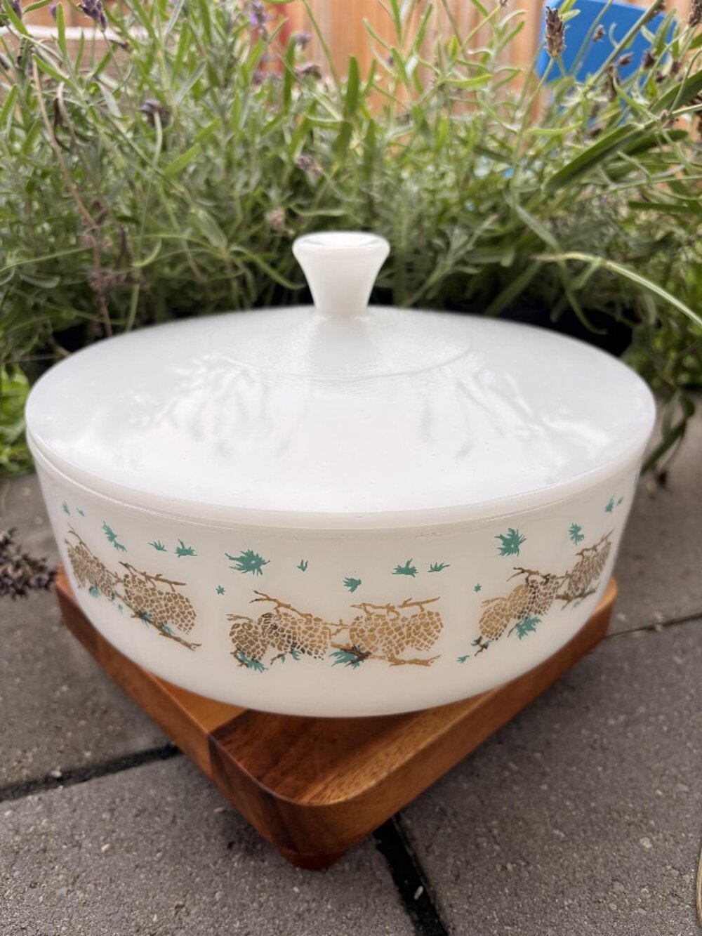 Vintage Federal Glass Covered Bowl | Gold Pinecone Teal MCM Serving Dish